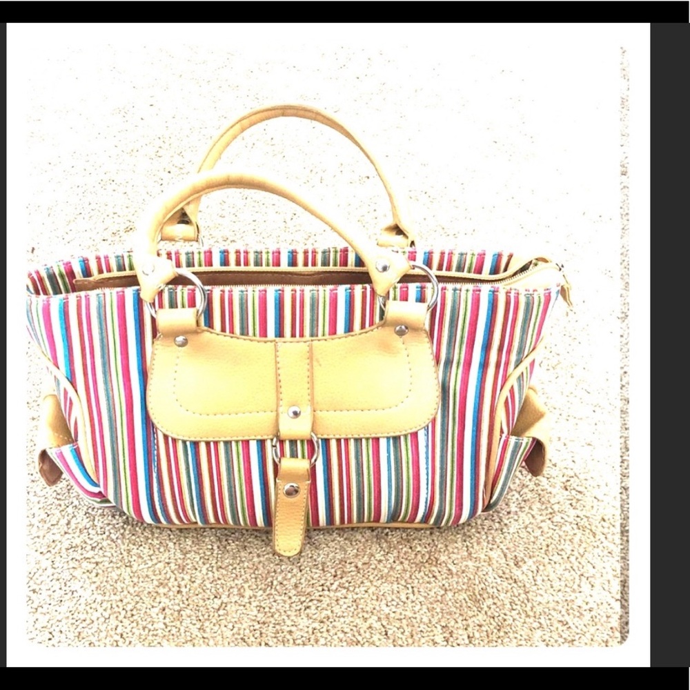 Striped Canvas and Leather Tote Purse